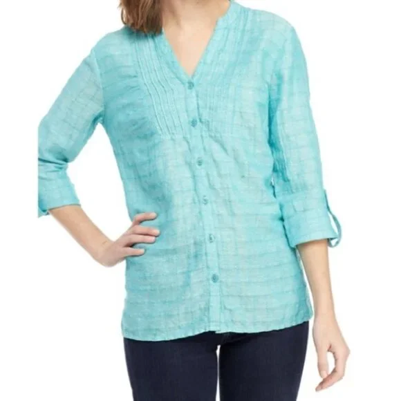 Kim Rogers Linen/Cotton 3/4 Sleeve Button Down Shirt Turquoise - Picture 1 of 14